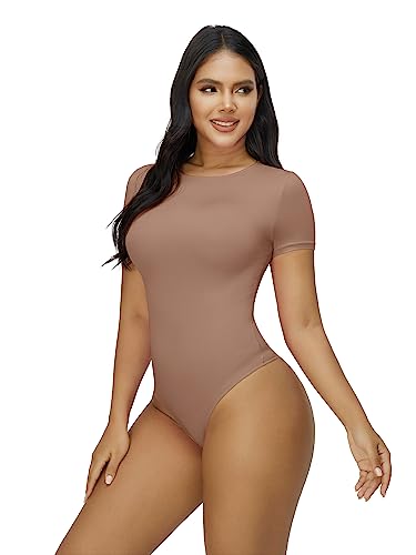 YIANNA Body de Manga Corta para Mujer Cuello Redondo Camiseta con Sensación de Segunda Piel Body Trajes Tops Tanga,YA5292-Sienna-M