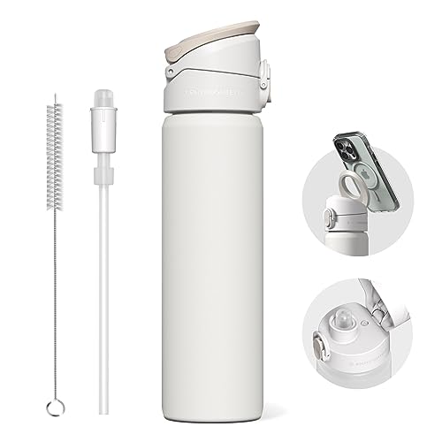 Botella magnética RHINOSHIELD AquaStand de 23 oz | Botella de agua aislada de acero inoxidable con tapa de pajita, botella deportiva con mango compatible con MagSafe, trípode con ángulos ajustables, a prueba de fugas - Blanco