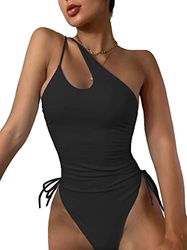 Lilosy Traje de baño sexy de una pieza con un hombro y control de barriga, fruncido, corte alto, aumento de pierna, bikini con recorte, tanga, traje de baño brasileño atrevido, monokini lateral con cordón y lazo para mujer, negro, mediano