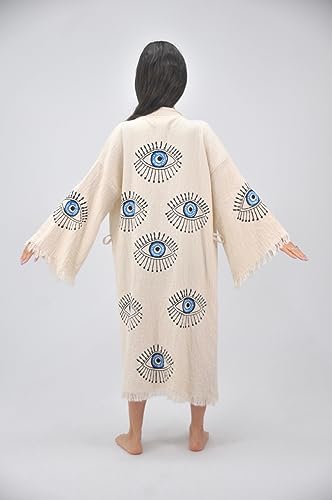 Bodho Hecho a mano Evil Eye Boho Festival Kimono Boho Ropa de playa Ropa de playa Cubrir Étnico Kimono Cárdigan Albornoz Bata de mañana (Azul)