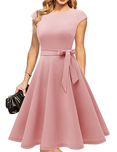 DRESSTELLS Vestido de té vintage para mujer, vestidos de fiesta de cóctel de los años 50, vestido de dama de honor modesto para boda, vestido de fiesta acampanado, vestido de trabajo casual Aline rubor L