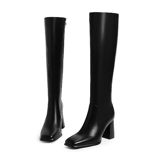 Modatope Botas negras para mujer, botas hasta la rodilla con tacón grueso, botas altas de tacón alto para mujer, botas de otoño con punta cuadrada, botas largas con cremallera lateral, talla 8