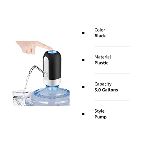 JOYHILL Dispensador de botella de agua de 5 galones, bomba de botella de agua con carga USB, bomba dispensadora de agua portátil para acampar (negro)