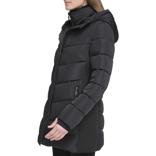 Calvin Klein Chaqueta acolchada larga con pechera para mujer, color negro