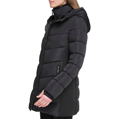 Calvin Klein Chaqueta acolchada larga con pechera para mujer, color negro