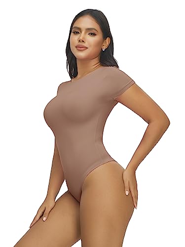 YIANNA Body de Manga Corta para Mujer Cuello Redondo Camiseta con Sensación de Segunda Piel Body Trajes Tops Tanga,YA5292-Sienna-M