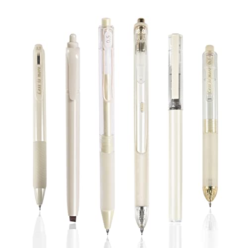 BAYTORY 5 bolígrafos de gel y 1 resaltador, bolígrafo de tinta de secado rápido, punta fina negra de 0,5 mm, bolígrafo retráctil estético, escritura suave para tomar notas en diario (beige)