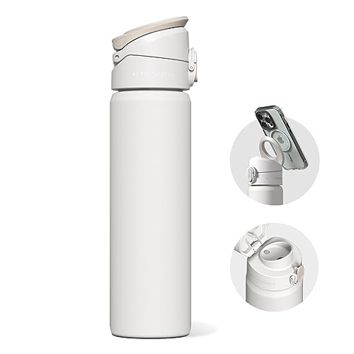 Botella magnética RHINOSHIELD AquaStand de 23 oz | Botella de agua aislada de acero inoxidable con boca redonda, botella deportiva con mango compatible con MagSafe, trípode con ángulos ajustables, a prueba de fugas - Blanco clásico