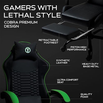 Titano Cobra Elite Silla para juegos con reposapiés, diseño cómodo con asiento acolchado de cuero, ruedas 360 con soporte para el cuerpo totalmente reforzado con acero, negro/verde