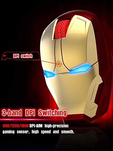 PRODUCTO 199 Ratón inalámbrico Iron Man 2.4G Ratones ópticos inalámbricos de tamaño completo con receptor nano USB, 3 niveles de DPI ajustables, 3 botones para computadora portátil, PC, computadora portátil, computadora, MacBook (dorado)