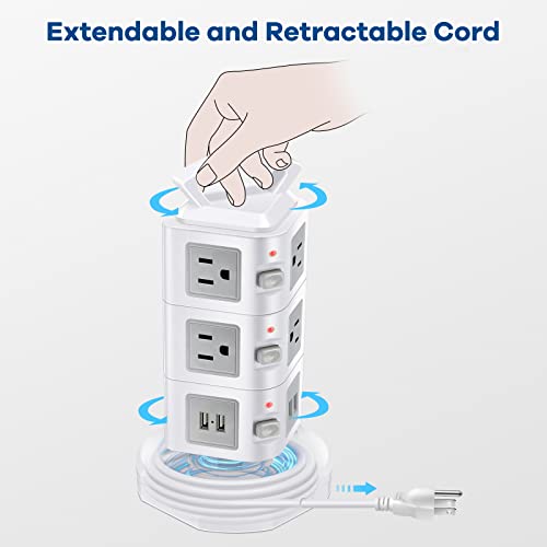 PRODUCTO 317 Protector contra sobretensiones de torre de regleta, cable de extensión retráctil con múltiples salidas, 10 salidas de CA con 4 puertos USB, torre de carga, extensor de toma múltiple, estación de carga de escritorio para oficina en casa