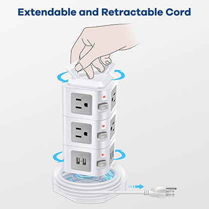 PRODUCTO 317 Protector contra sobretensiones de torre de regleta, cable de extensión retráctil con múltiples salidas, 10 salidas de CA con 4 puertos USB, torre de carga, extensor de toma múltiple, estación de carga de escritorio para oficina en casa