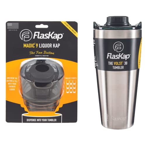 Sistema de bebida Flaskap Madic | Vaso aislado con dispensador de chupitos | Compatible con portavasos | Resistente a salpicaduras | Vaso a prueba de fugas (9 oz Black Madic, 30 oz Volst de acero inoxidable)