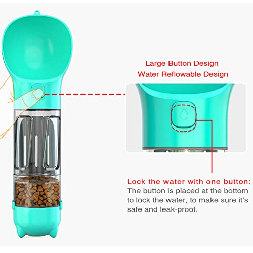 Botella de agua para perros Dispensador de botella de agua para perros portátil y a prueba de fugas, multifuncional 4 en 1 para mascotas Caminar al aire libre Senderismo Camping | Taza de agua, taza de comida, pala para excrementos y bolsa de basura