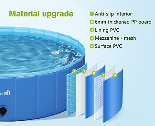 Pecute Piscina para perros plegable de 63 x 12 pulgadas, piscina portátil para niños de PVC duro, piscina multifuncional para piscina de perros, bañera antideslizante para mascotas con cepillo de baño adicional, ideal para viajes