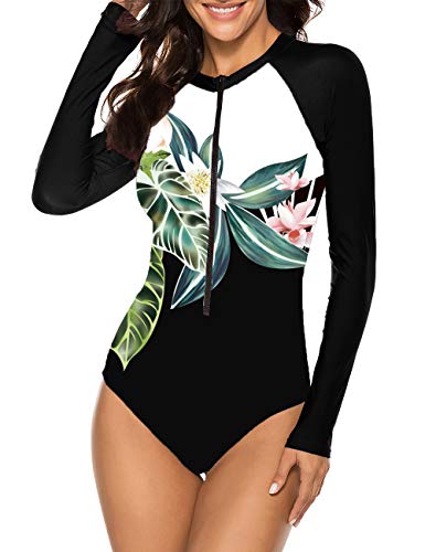 SELINK Women's Long Sleeve Rash Guard UV Protection Zipper Printed Surfing One Piece Swimsuit Bathing Suit Black-3 S