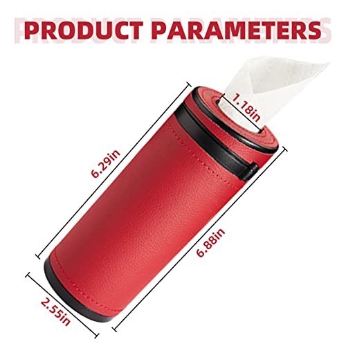 Moioee Car Tissue Holder, Cylinder Tissue Box with Window Breaker, PU Leather Round Tissues Container for Auto Cup Holder, Travel Facial Tissues Organizer for All Vehicles (Wine Red)