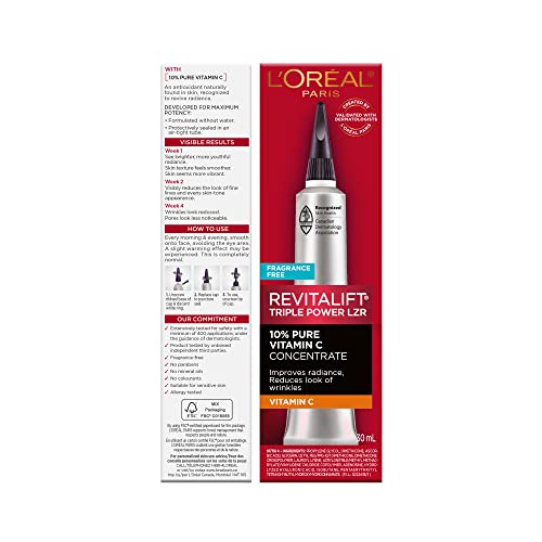 L'Oreal Paris Revitalift 10% Pure Vitamin C Face Serum, piel más brillante, arrugas reducidas, sin fragancia 1 0z.