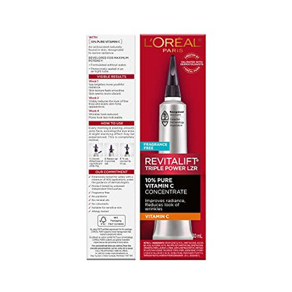 L'Oreal Paris Revitalift 10% Pure Vitamin C Face Serum, piel más brillante, arrugas reducidas, sin fragancia 1 0z.