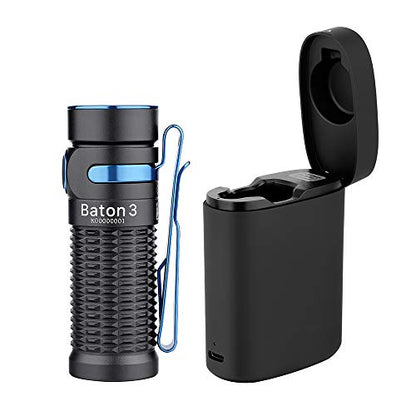 OLIGHT Baton3 Premium Edition Linterna LED compacta de 1200 lúmenes alimentada por una sola batería recargable, con caja de carga, negra