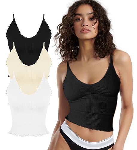 CHYRII Camisola básica acanalada para mujer, paquete de 3 camisetas sin mangas con cuello en V y volantes, color negro, blanco y beige S