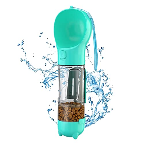 Botella de agua para perros Dispensador de botella de agua para perros portátil y a prueba de fugas, multifuncional 4 en 1 para mascotas Caminar al aire libre Senderismo Camping | Taza de agua, taza de comida, pala para excrementos y bolsa de basura