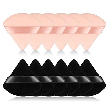 12 esponjas de maquillaje triangulares en polvo, hechas de terciopelo súper suave, diseñadas para contorno, ojos y esquinas, recipiente para mezclar base Beauty Blender. (Negro y Beige)