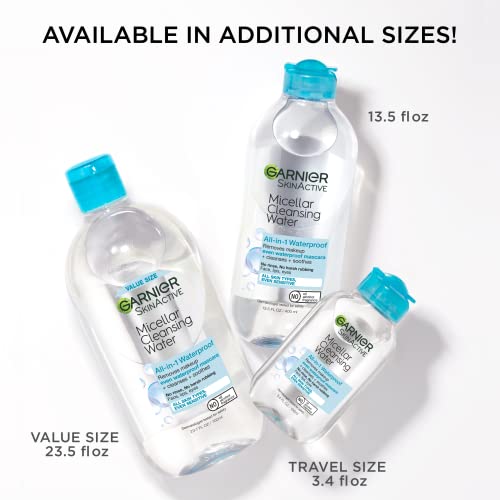 Garnier SkinActive agua micelar para maquillaje resistente al agua, limpiador facial y desmaquillante, 13,5 onzas líquidas (400 ml), 1 unidad (el embalaje puede variar)