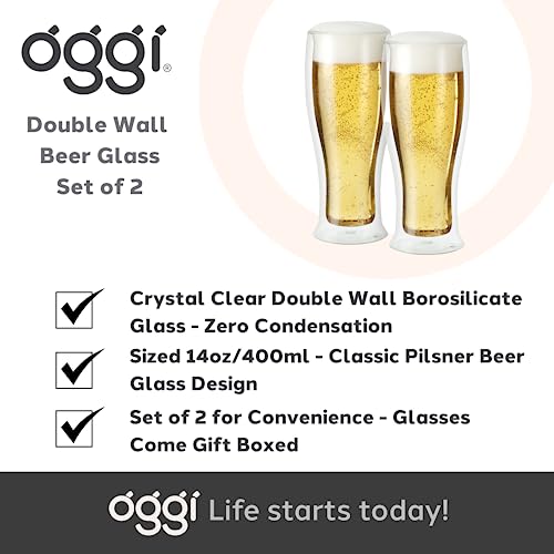 OGGI Beer Double Wall Insulated Glass Mug, Ideal for IPA ale lager stout pilsner, Beer Stays Cool Longer Even Outdoors, Visually Stunning, 14oz / 400ml, Set of 2