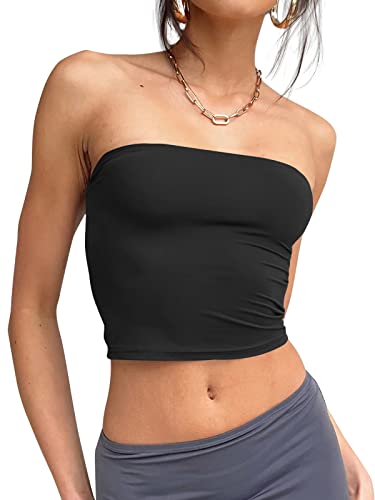 Trendy Queen Tops de tubo para mujer, sin tirantes, sexy, bandeau, básicos, sin espalda, tops cortos lindos de verano 2023, sin mangas, ajustados, elásticos, Y2k, tops para adolescentes y niñas, negro