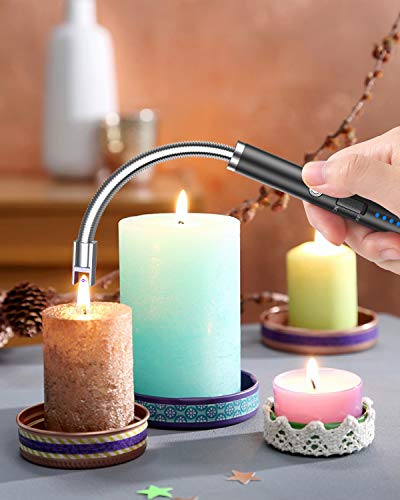 VEHHE Encendedor de velas, paquete de 2 encendedores eléctricos recargables con pantalla de batería LED, interruptor de seguridad, encendedor USB de cuello flexible para velas, camping, parrilla, estufas de gas, cocina (negro y azul)