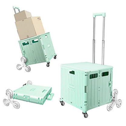 Honshine Carro plegable con ruedas para subir escaleras, caja rodante plegable con mango telescópico, carro de mano para comestibles, libros, archivos, herramientas, suministros de arte (verde claro)