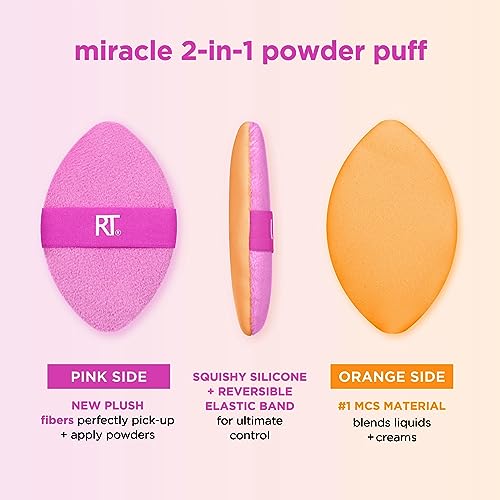 Real Techniques Miracle 2-In-1 Powder Puff, Dual-Sided, Full-Size Makeup Blending Puff, Reversible Elastic Band, Precision Tip Makeup Sponge & Powder Puff, For Liquid, Cream & Powder, 1 Count