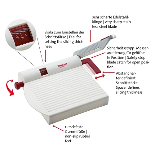 Cortadora de queso y alimentos multiusos de acero inoxidable Westmark Germany con tabla y dial de espesor ajustable (blanco) -