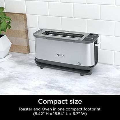 Ninja ST101 Foodi Tostadora plegable 2 en 1, capacidad para 2 rebanadas, horno tostador compacto, máquina para hacer refrigerios, recalentar, descongelar, 1500 vatios, acero inoxidable