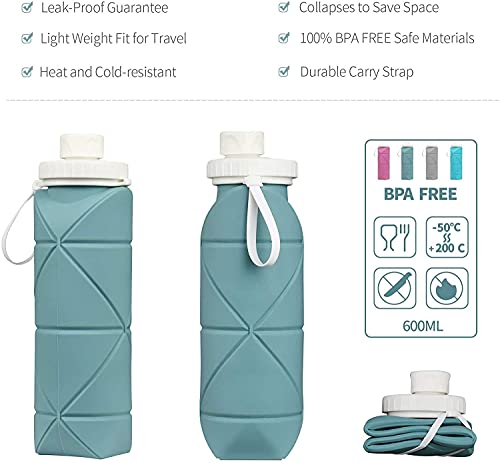 Botellas de agua plegables hechas especialmente con válvula a prueba de fugas, reutilizables, sin BPA, de silicona, plegable, botella de agua de viaje para gimnasio, camping, senderismo, viajes, deportes, ligera, duradera, 20 oz, color verde oscuro