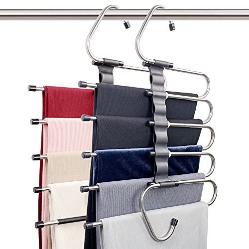 Perchas mágicas para pantalones que ahorran espacio, paquete de 2 para armario, múltiples capas, usos multifuncionales, organizador para pantalones, bufandas, holguras (paquete de 2 con 10 clips de metal)