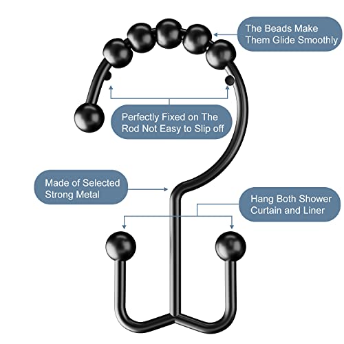 BBLHOME Ganchos para cortina de ducha, anillos resistentes para cortina de ducha, anillos de metal a prueba de óxido, ganchos de ducha de doble cara, anillos para cortinas de barra de cortina de ducha de baño, juego de 12 ganchos, negro