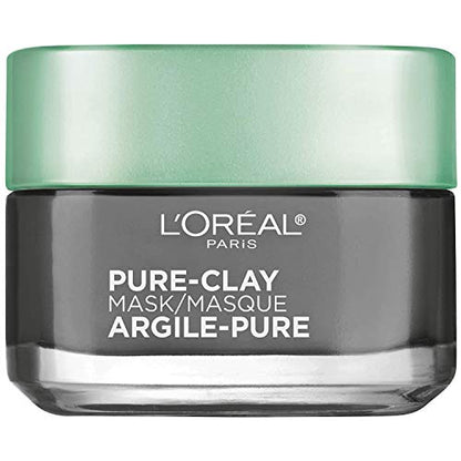 L'Oreal Paris Skincare Mascarilla facial de arcilla pura con carbón para piel apagada para desintoxicar e iluminar la piel, mascarilla de arcilla, mascarilla facial casera, 1.7 oz.