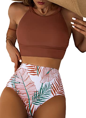 PRODUCTO 19 Conjuntos de bikini Herseas para mujer, parte superior de cuello alto, parte inferior de bikini con estampado floral, trajes de baño de dos piezas de talle alto, lindos trajes de baño  con control de barriga, color rojo ladrillo, talla pequeña