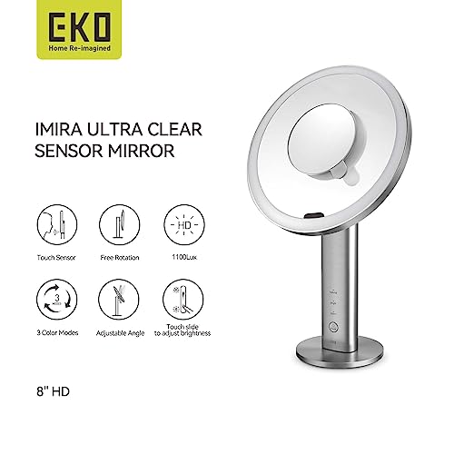 EKO iMira Espejo de maquillaje iluminado con sensor de 8 pulgadas con aumento 5X, espejo compacto de viaje magnetizado desmontable 10X, espejo de tocador recargable e inalámbrico, blanco