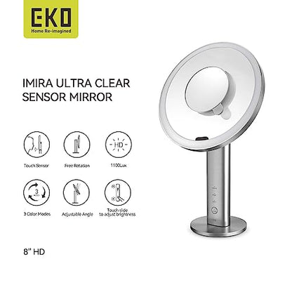 EKO iMira Espejo de maquillaje iluminado con sensor de 8 pulgadas con aumento 5X, espejo compacto de viaje magnetizado desmontable 10X, espejo de tocador recargable e inalámbrico, blanco