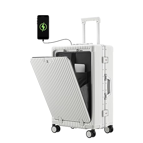 CAARANY Equipaje de mano versátil con marco de aluminio con puerto de carga USB, compartimento frontal, cerradura TSA, maleta rígida de transporte aprobada por aerolíneas con ruedas giratorias (blanco, 20 pulgadas)