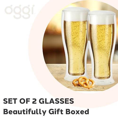 OGGI Beer Double Wall Insulated Glass Mug, Ideal for IPA ale lager stout pilsner, Beer Stays Cool Longer Even Outdoors, Visually Stunning, 14oz / 400ml, Set of 2