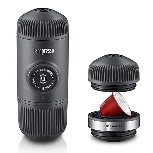 WACACO Nanopresso Cafetera espresso portátil con adaptador NS, compatible con cápsulas NS y café molido, juego de cafetera de viaje manual, perfecto para acampar