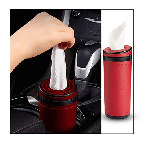 Moioee Car Tissue Holder, Cylinder Tissue Box with Window Breaker, PU Leather Round Tissues Container for Auto Cup Holder, Travel Facial Tissues Organizer for All Vehicles (Wine Red)