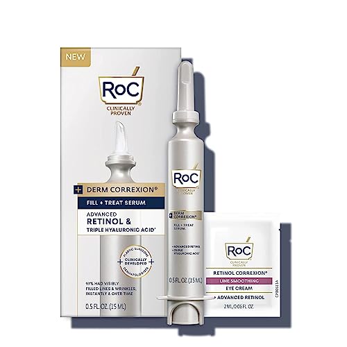 RoC Derm Correxion Fill + Treat Suero avanzado de retinol, tratamiento rellenador de arrugas con ácido hialurónico para arrugas de la frente, patas de gallo, once arrugas y líneas de risa, relleno de medias, 15 ml