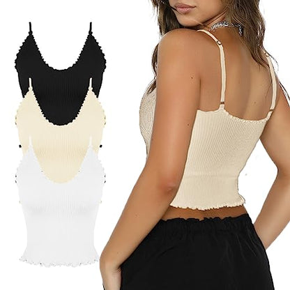 CHYRII Camisola básica acanalada para mujer, paquete de 3 camisetas sin mangas con cuello en V y volantes, color negro, blanco y beige S