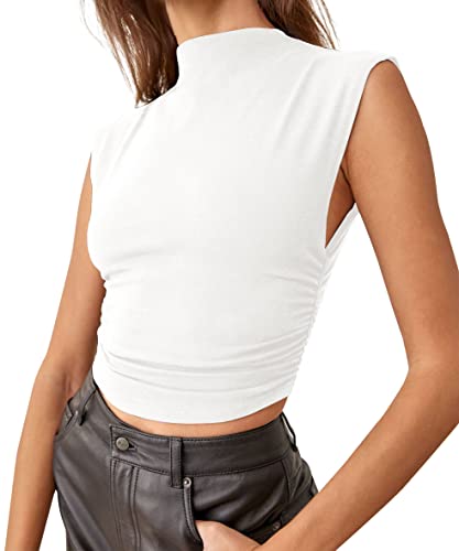 PRODUCTO 622-3 KAMISSY Camiseta sin mangas corta con cuello simulado y fruncido para mujer, informal, cuello alto, sin mangas, ajustada, ajustada, para yoga, atlético, correr, blanco