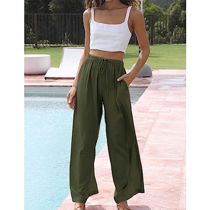 PRODUCTO 587 Duyang Pantalones palazzo de lino y algodón para mujer, con cordón, cintura elástica, pantalones casuales de pierna ancha con bolsillos (verde militar, XS)